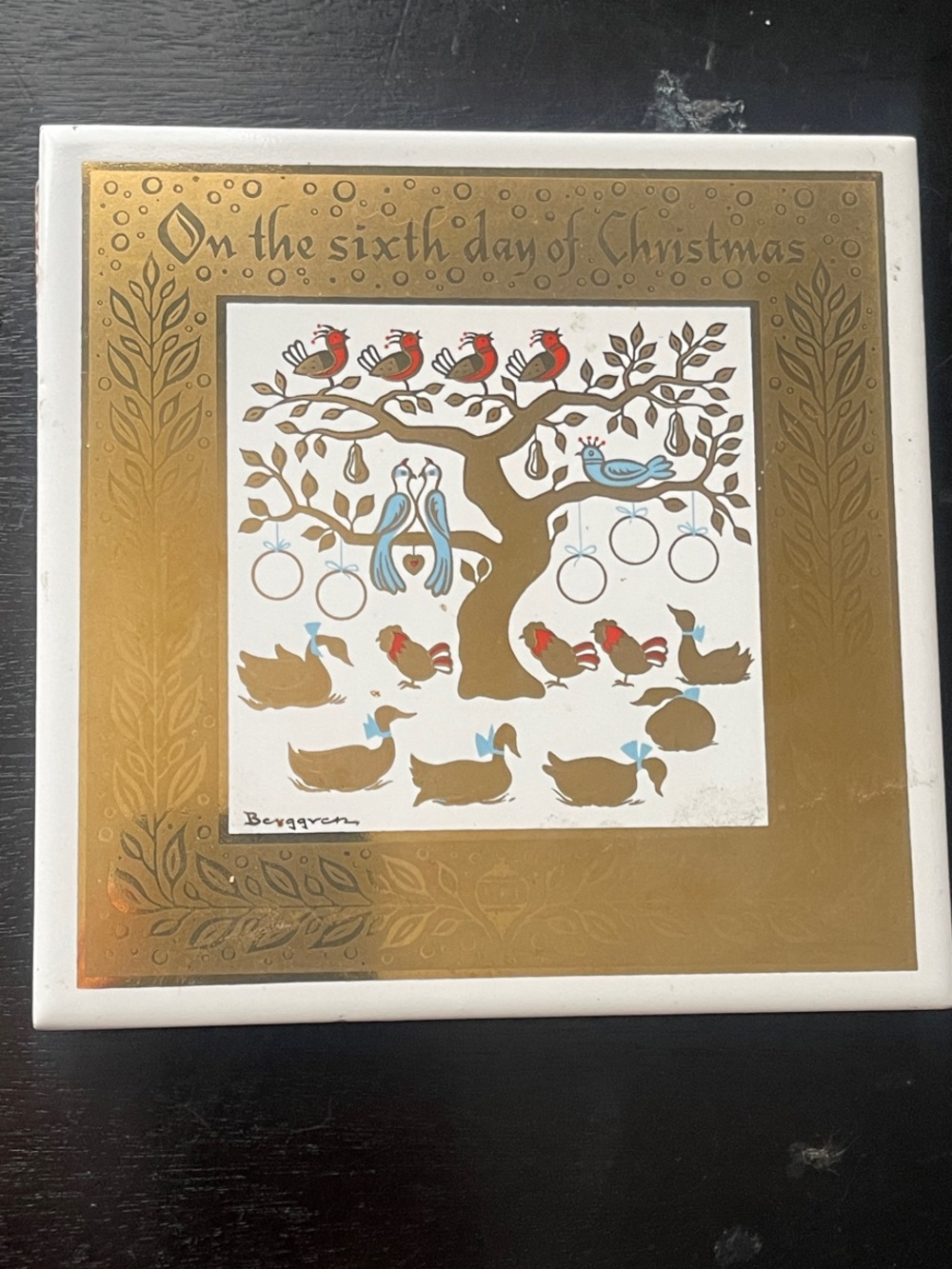 Vintage 'On the Sixth Day of Christmas' Decorative Tile Plaque - Gold & White